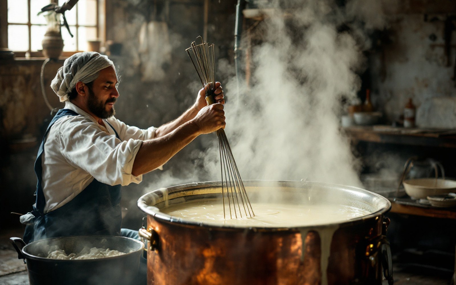A large copper vat of curd in a dairy with an adult worker cutting it with a wire harp