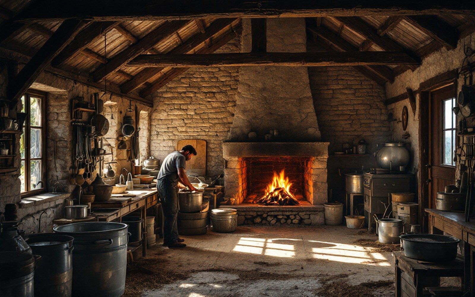 The interior of a stone mountain farm building with a hearth, a low ceiling and dairy equipment