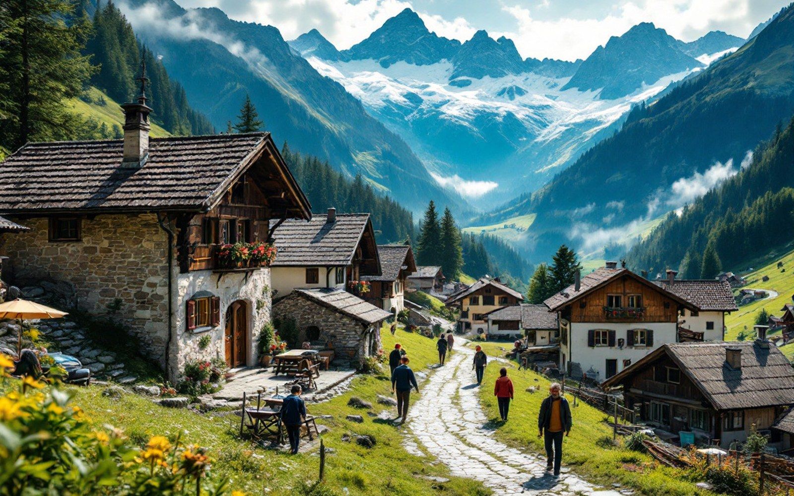 A small alpine village of stone and wood houses on a valley shoulder with mountains behind