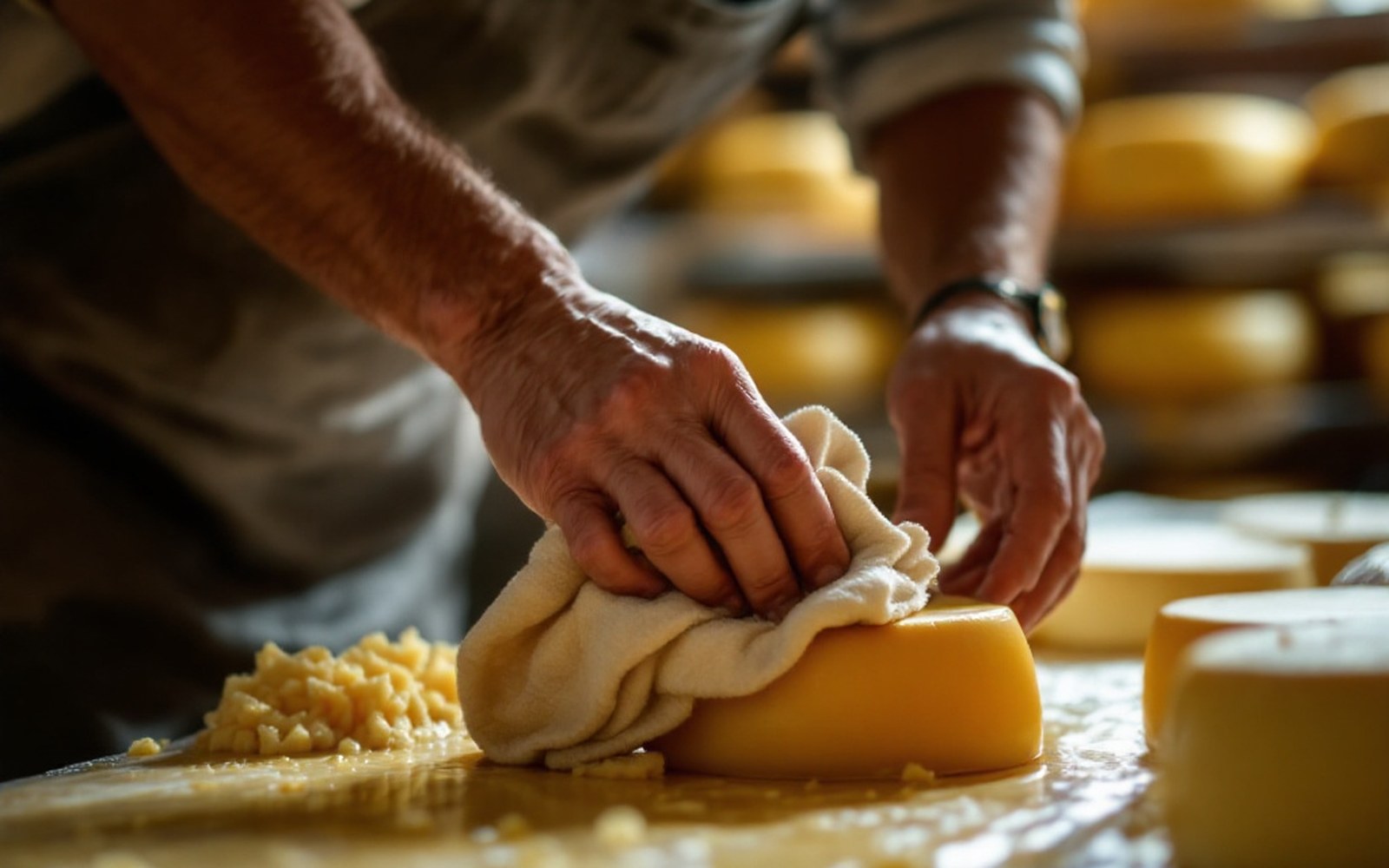 An adult cellar worker rubbing the rind of a cheese with a damp cloth in cool cellar light