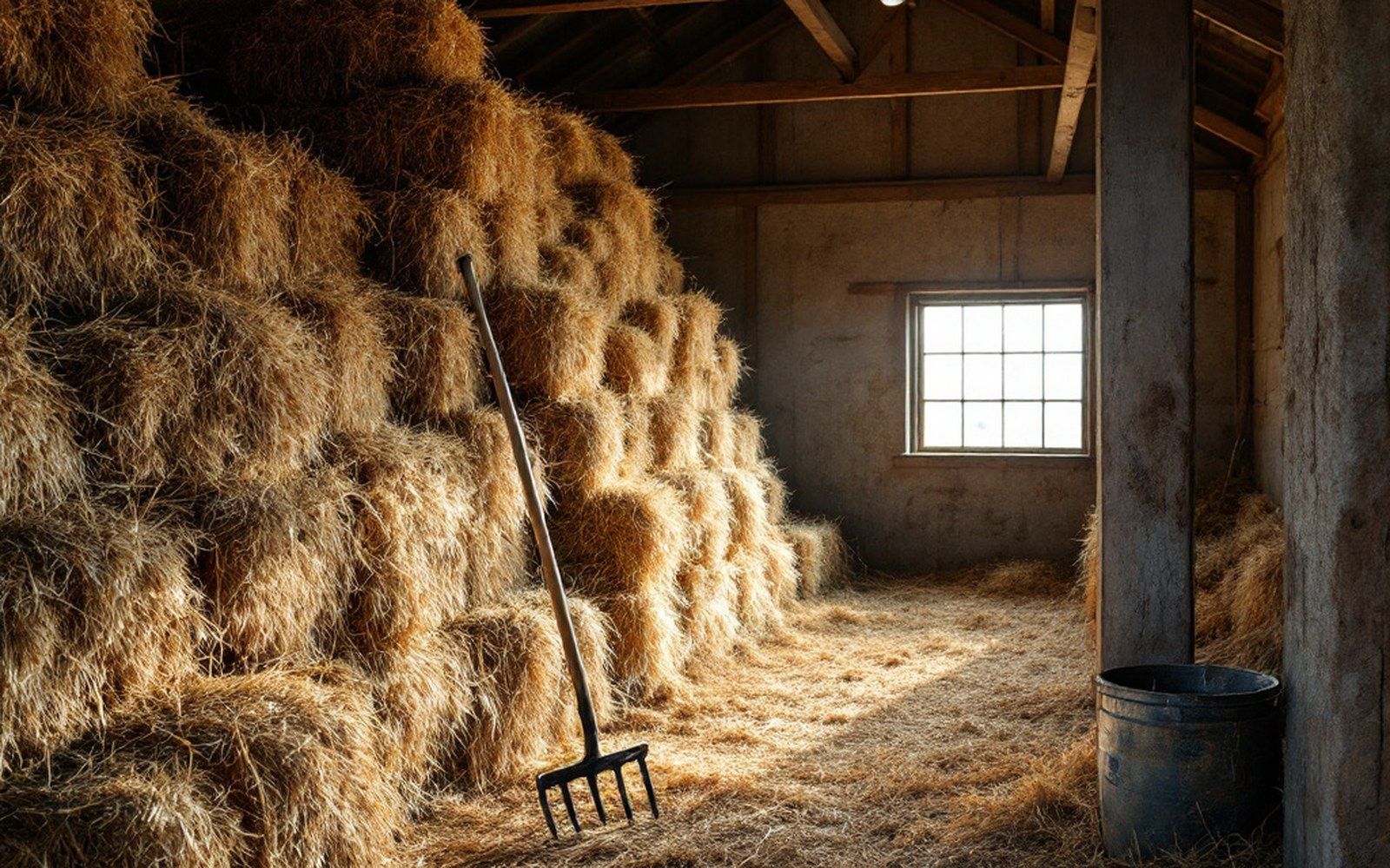 A hay barn interior with loose hay stacked to the roof and a pitchfork resting against a beam