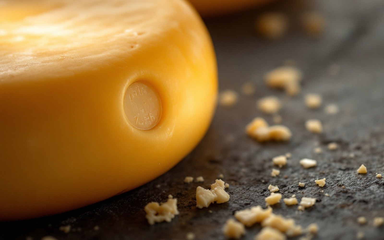 A close view of a cheese rind carrying a small round impressed marker