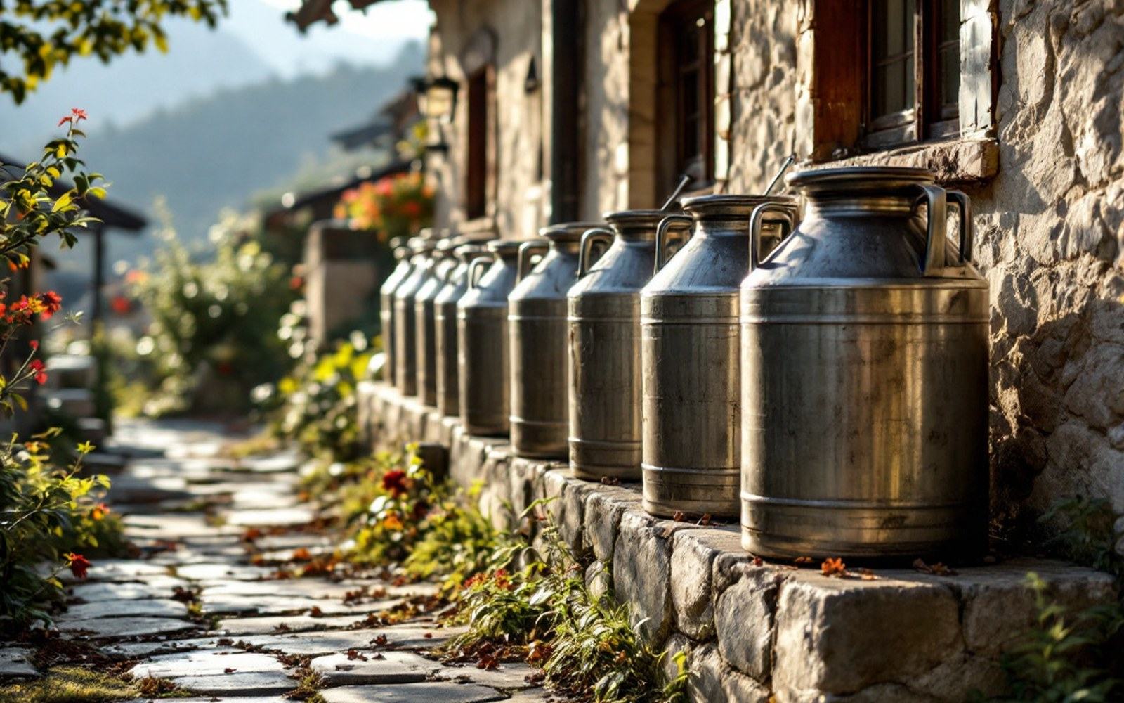 Steel milk churns lined up on a stone loading step outside a village dairy