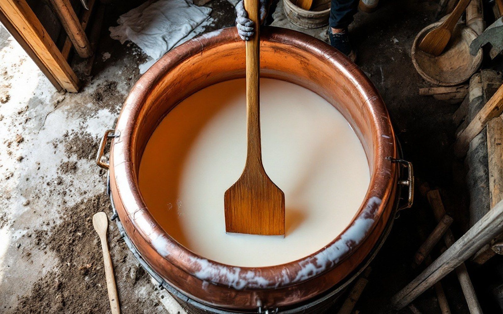 A large copper dairy vat photographed from above with milk in it and a wooden paddle across the rim