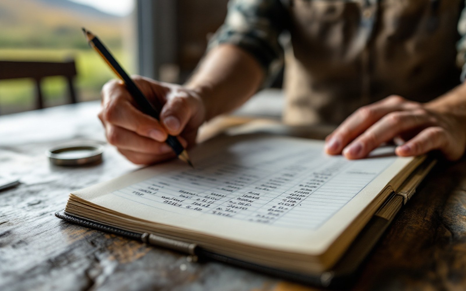 A handwritten ledger of columns and figures open on a dairy table beside a pencil