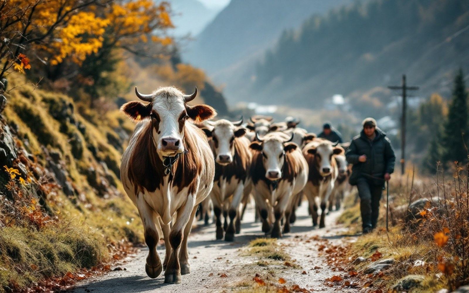 A herd of cows with neck bells walking down a narrow mountain road in autumn with adults walking alongside