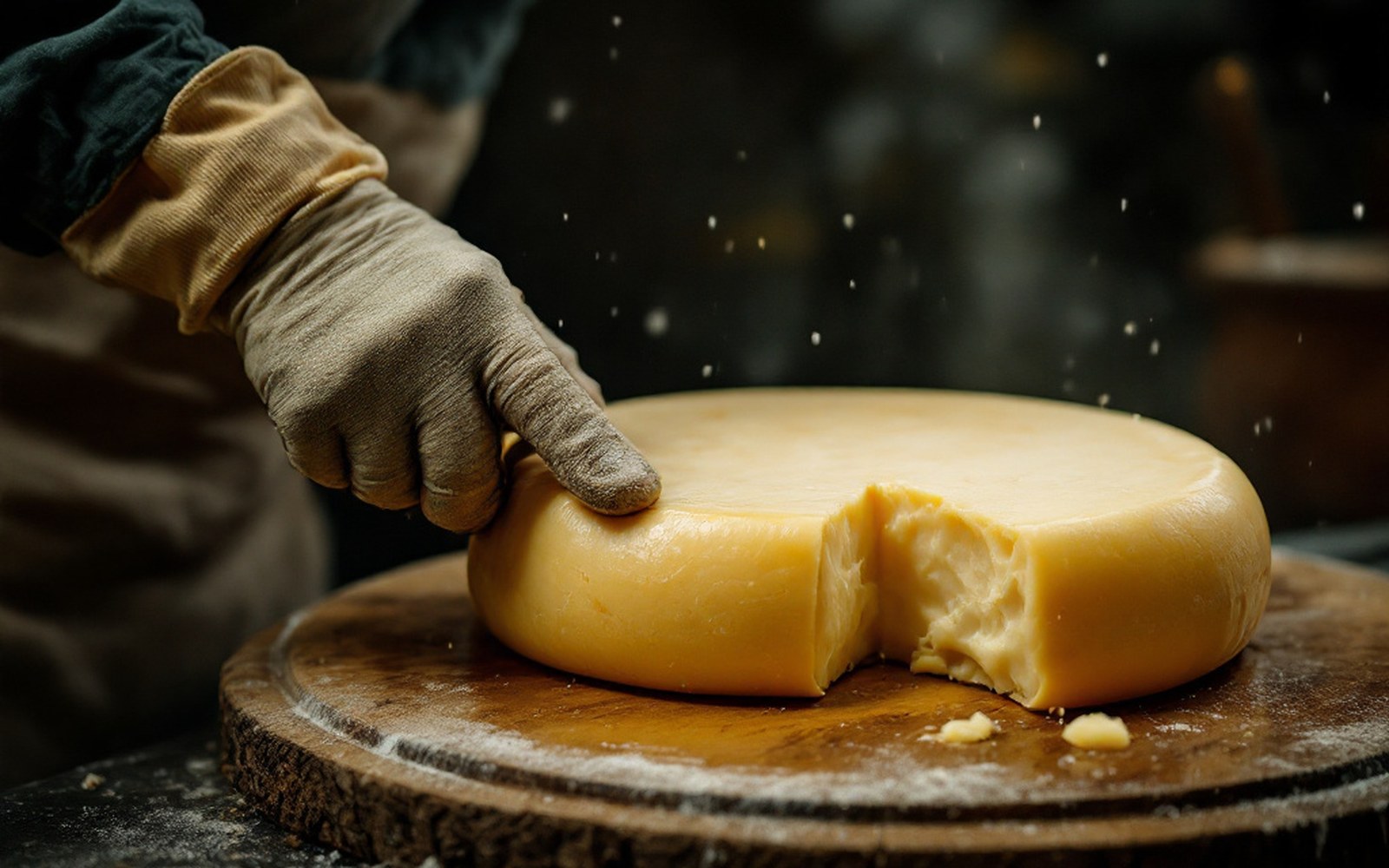 A gloved hand turning a large cheese on a wooden board in a dim cellar