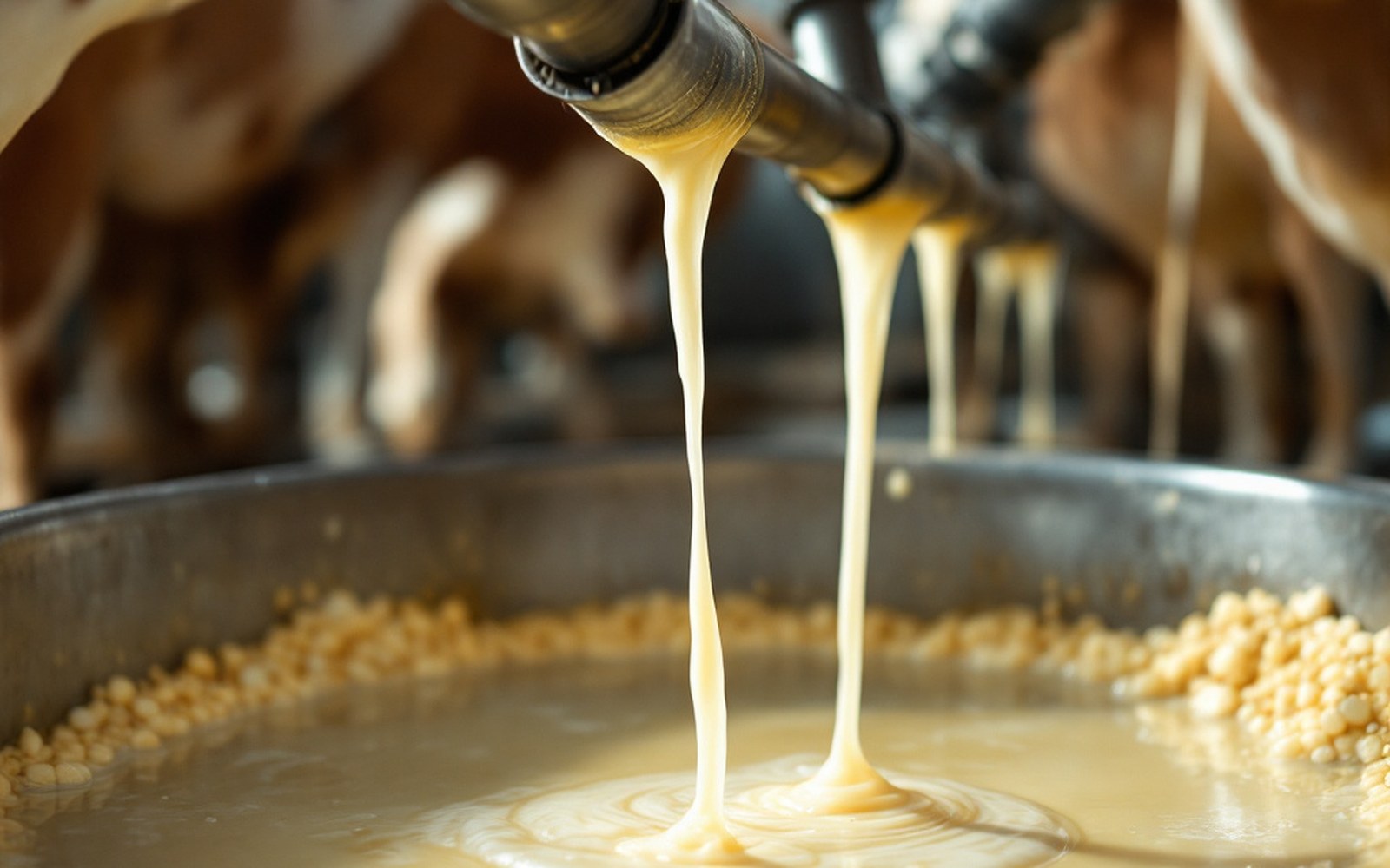 Whey running from a dairy pipe into a metal trough in a dairy interior