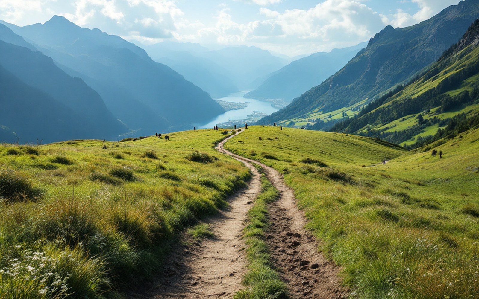 A steep high mountain pasture with a worn cattle track cut across it and a valley far below